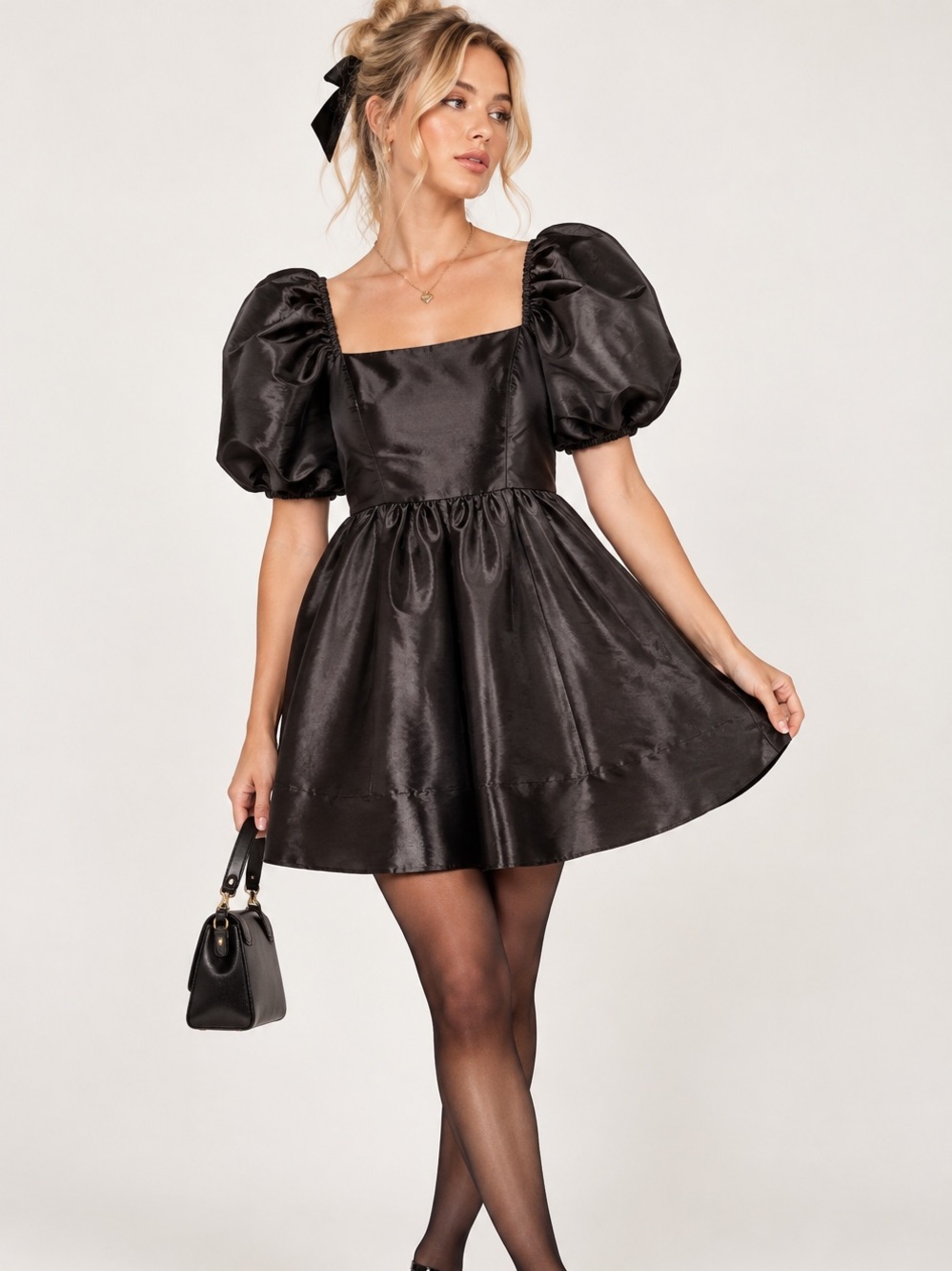 NWT Copper Key Black Puff Sleeve Square Neck Mini Dress S